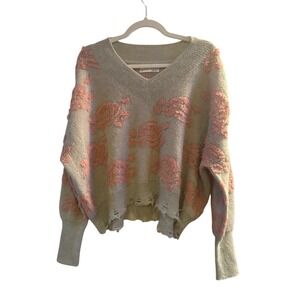 Anthropologie Pink Beige Floral ‎ Women's Sz Medium Sweater Soft Distressed Hem